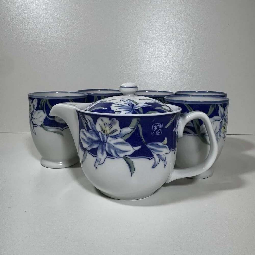 Vintage Arita Yaki Japanese Porcelain Kyusu Yunomi Tea Set Royal Iris Blue White